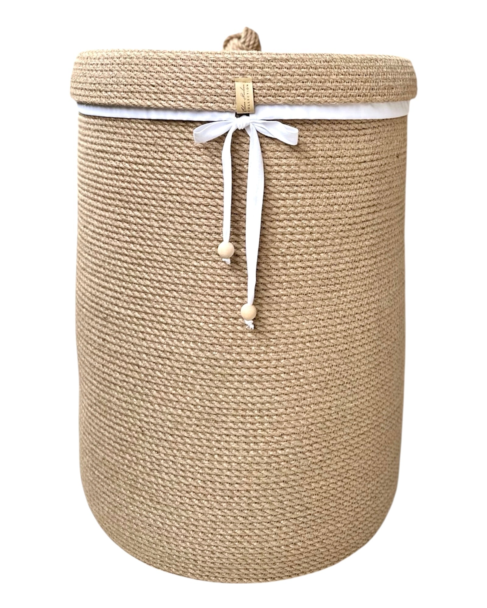 Jute vasketøjskurv med låg og indvendig pose med snøre, 50×35 cm, håndlavet af naturmateriale, høj kvalitet.