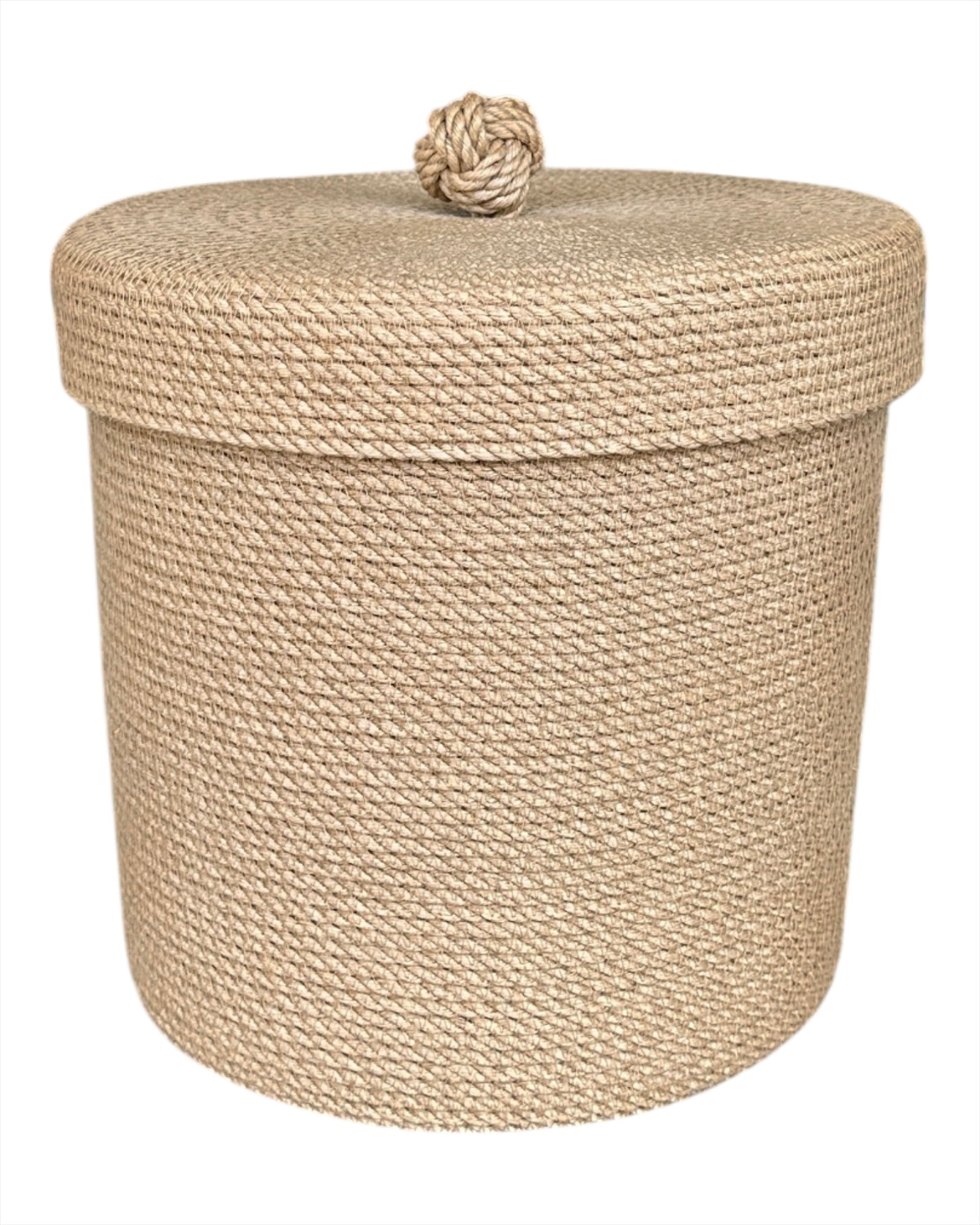 Håndlavet jute kurv med låg, perfekt til vasketøj, tæpper eller andre ting i hjemmet.