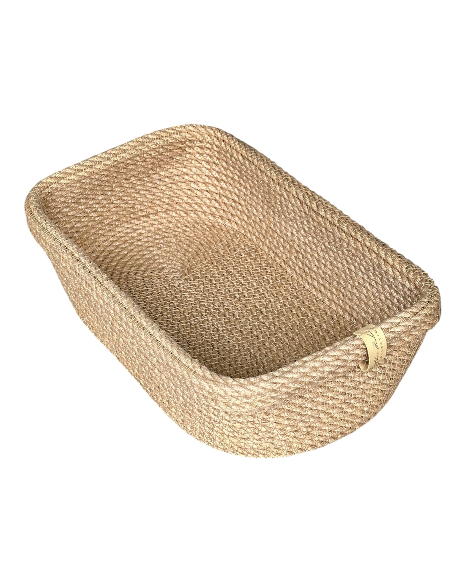 Jutekurv med ombuk, håndlavet, til servering af brød, opbevaring af små håndklæder eller småting.