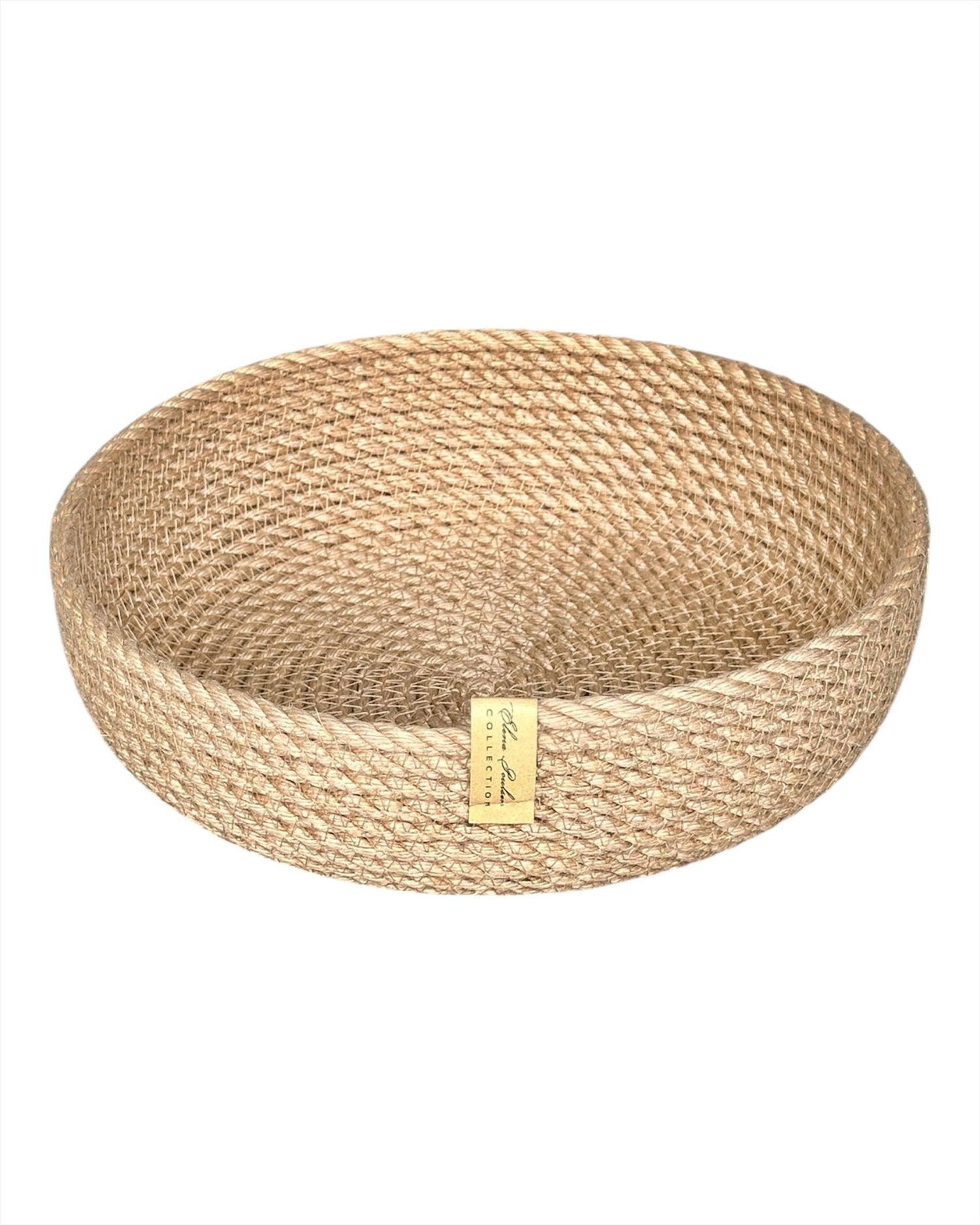 Lille jutekurv Ø20×6 cm, håndlavet, til servering af frugt, slik og brød.