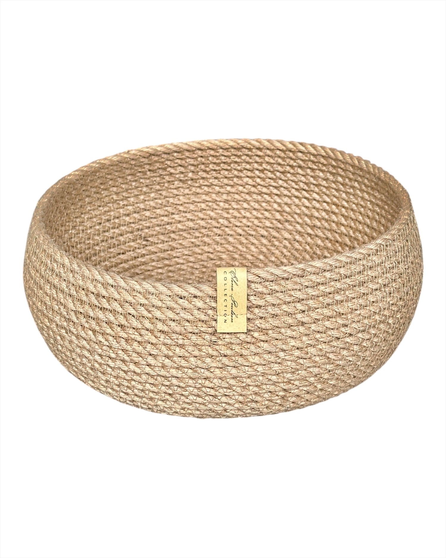 Lille rund jutekurv Ø20×10 cm, håndlavet, til servering af brød, frugt og slik eller opbevaring af nøgler og smykker.
