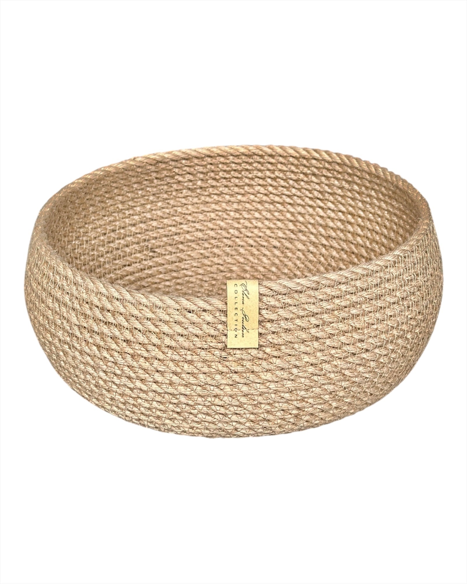 Lille rund jutekurv Ø20×10 cm, håndlavet, til servering af brød, frugt og slik eller opbevaring af nøgler og smykker.