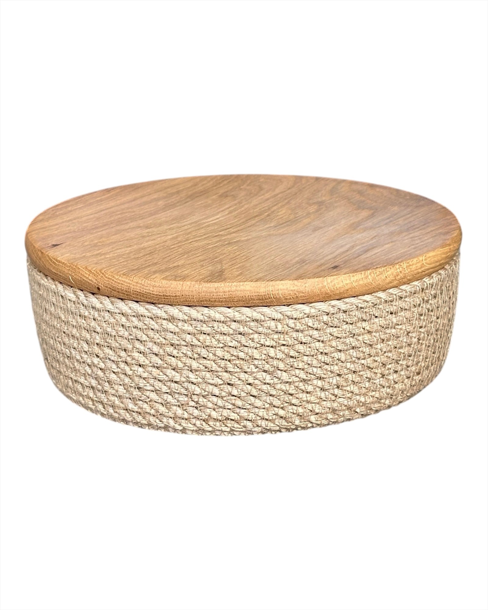 Naturlig lav kurv af jute med låg af eg, praktisk til småting eller tapas.