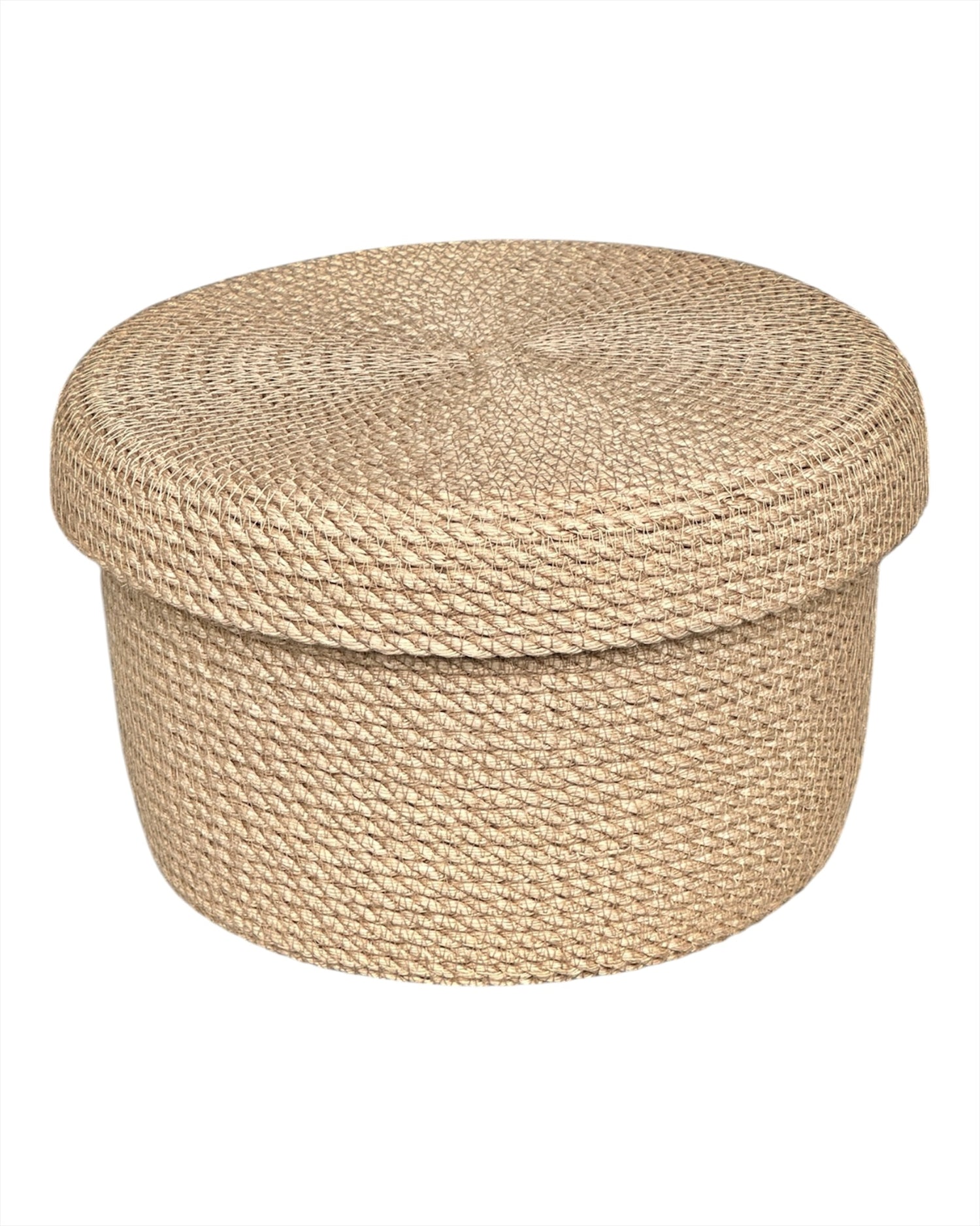 Jutekurv med låg Ø23×15 cm, håndlavet, robust og stilfuld, til opbevaring af slik, krydderier eller småting.