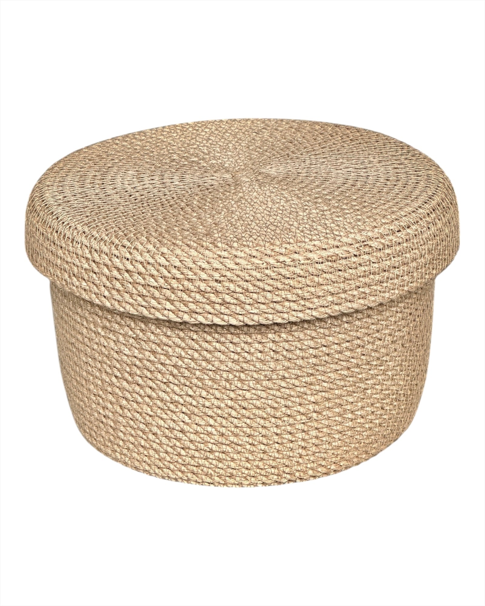 Jutekurv med låg Ø23×15 cm, håndlavet, robust og stilfuld, til opbevaring af slik, krydderier eller småting.