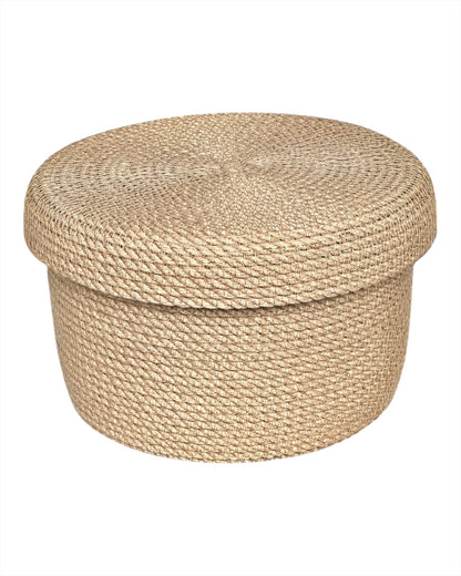 Jutekurv med låg Ø23×15 cm, håndlavet, robust og stilfuld, til opbevaring af slik, krydderier eller småting.