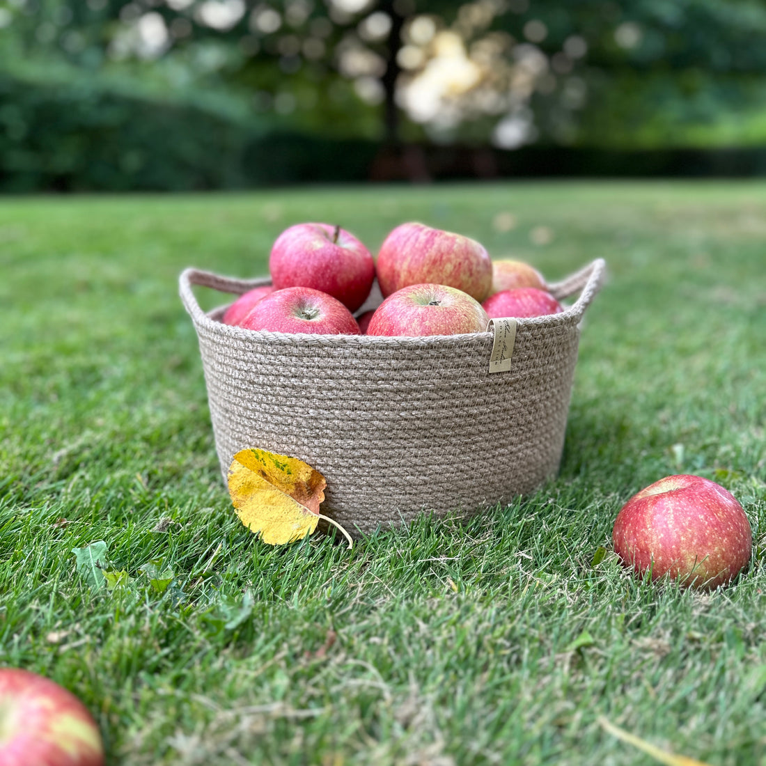 Håndlavet jutekurv med praktiske håndtag – en bæredygtig løsning til opbevaring eller høst af frugt som æbler. Perfekt til både hjemmet og sommerhuset.