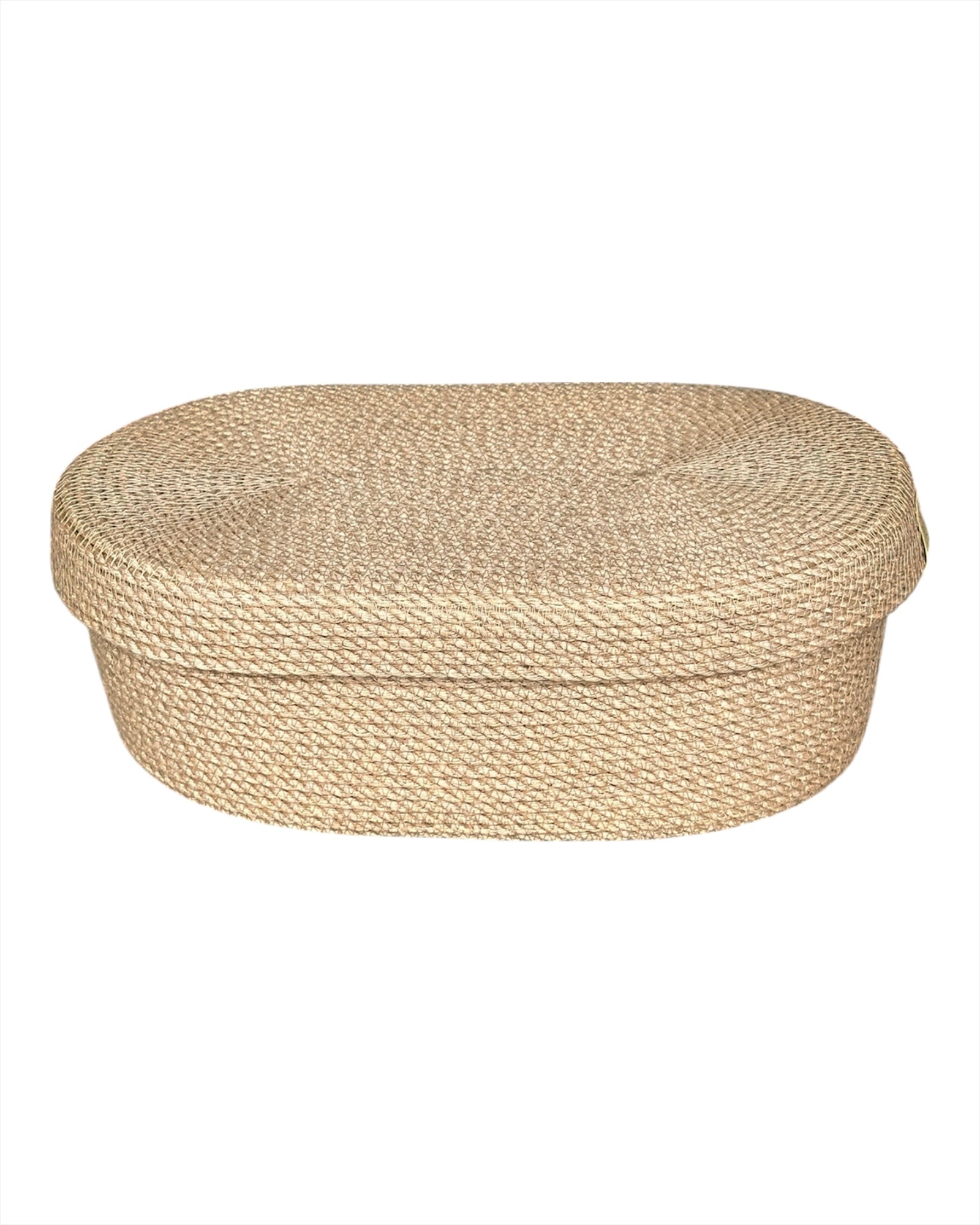 Oval jutekurv med låg 35×12 cm, håndlavet, til servering af brød eller opbevaring af håndklæder på badeværelset.