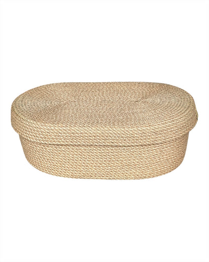 Oval jutekurv med låg 35×12 cm, håndlavet, til servering af brød eller opbevaring af håndklæder på badeværelset.